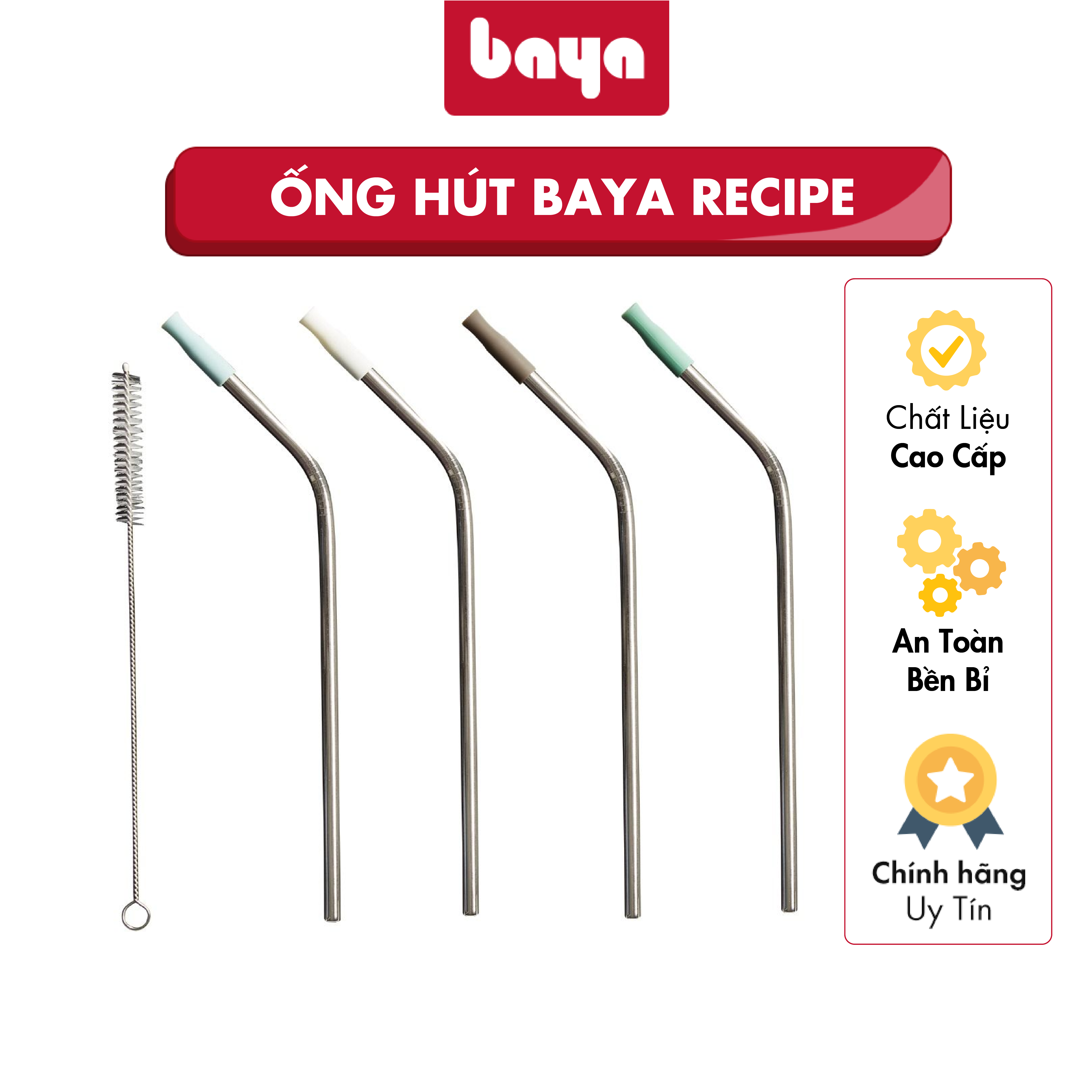 Bộ 4 Ống Hút Thép Kèm Cọ Rửa BAYA RECIPE Chất Liệu Thép Không Gỉ Đầu Bọc Silicon Nhiều Màu Có Thể Tái Sử Dụng 4066