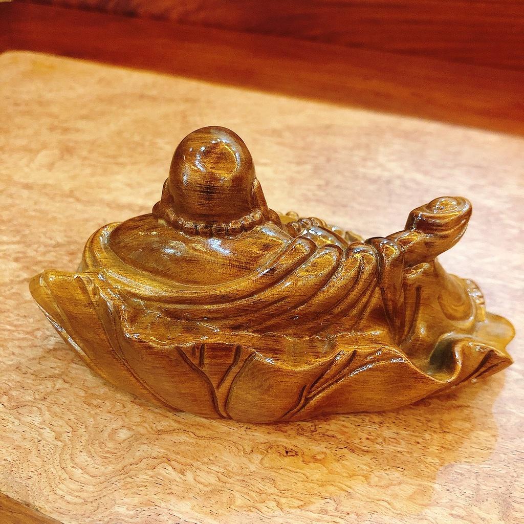Tượng Phật Di Lặc Ngồi Lá Sen Bê Bát Vàng Gỗ Bách Xanh Để Xe Ô Tô, Bàn Làm Việc.