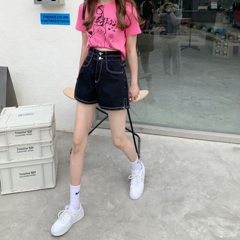 Quần Short Nữ Mặt-Xẻ Sau Đế Quốc Thiết Kế Retro Thẳng Denim Quần Nút Mùa Hè Cao Cấp Tất Cả Trận Đấu Ulzzang Thời Trang học Sinh Sinh Viên