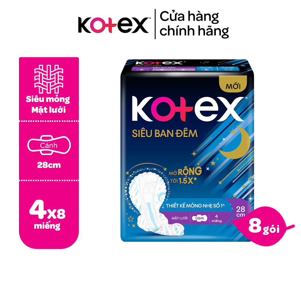 Combo 8 gói băng vệ sinh Kotex ban đêm mặt lưới 4 miếng 28cm, siêu mỏng cánh