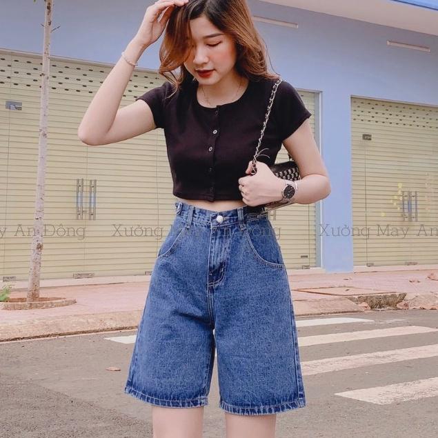 Quần ngố nữ ống rộng, quần short jean lưng cao mẫunh đâm- xanh nhạt 2 đai siêu dễ thương