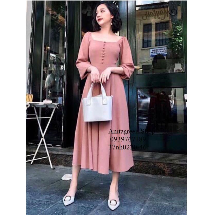 37nh0220-ĐẦM CỔ VUÔNG TAY DÀI 2 MÀU s-6xl