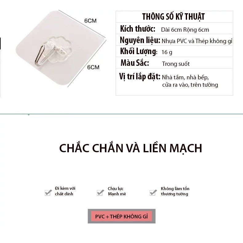 Combo 10 móc dính tường CICO-042 treo đồ trong suốt tiện lợi