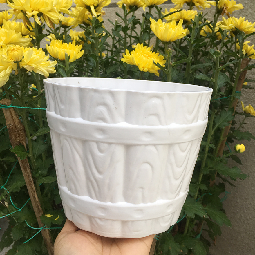 Bộ 4 chậu kiểu thùng gỗ màu trắng nhựa dày 17x14cm