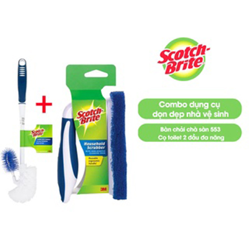 Combo dụng cụ dọn dẹp nhà vệ sinh cao cấp Scotch Brite - Bàn chải chà sàn không trầy xước + Cọ toilet 2 đầu đa năng