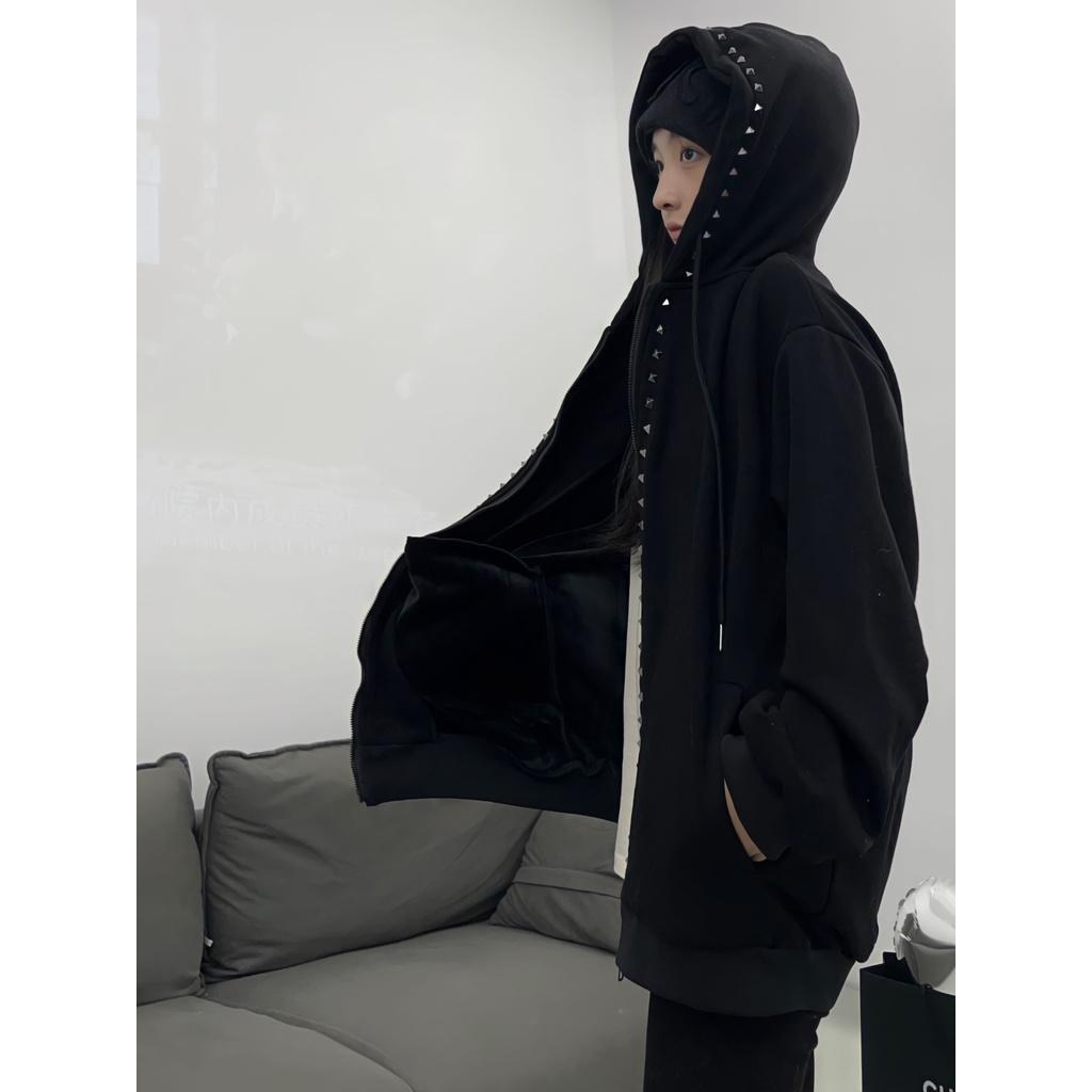 Áo Hoodie Nỉ Unisex Nam Nữ Đính Đinh Khóa Kéo