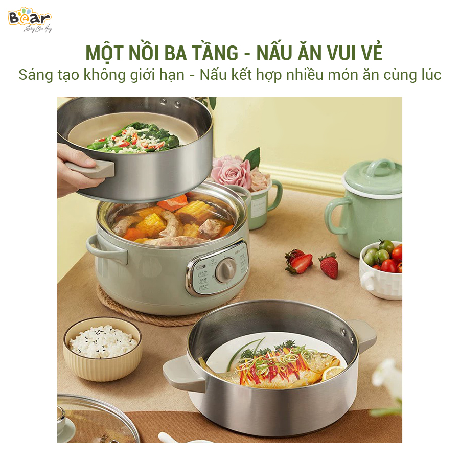 Nồi Hấp Điện 3 Tầng Bear 10L Hấp Đa Năng, Bánh Bao, Xôi, Đồ Ăn Dặm Cho Bé DZG-D80G5 - Hàng Chính Hãng