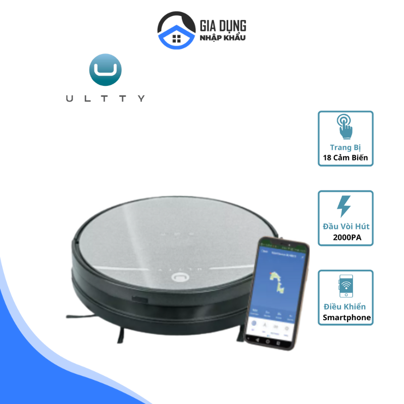 Robot Hút Bụi Lau Nhà Thông Minh ULTTY, Kết Nối App, Công Suất Lớn 2000Pa, Tự Động Sạc, Cảm Ứng Chống Va Chạm, Nhập Khẩu