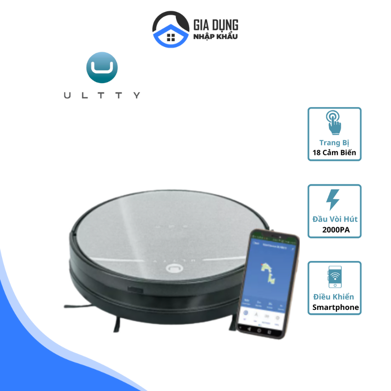 Robot Hút Bụi Lau Nhà Thông Minh ULTTY, Kết Nối App Điện Thoại, Công Suất 2000Pa, Tự Động Sạc, Chống Va Chạm, Nhập Khẩu