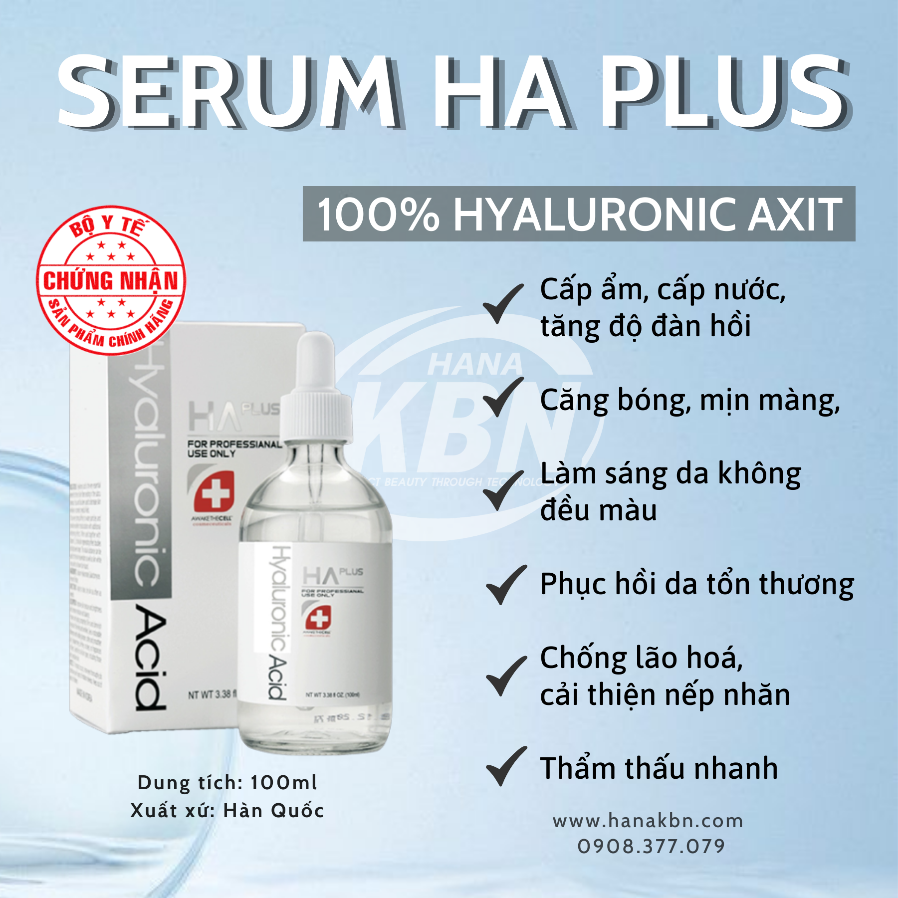Serum HA Plus 100ml - Cấp Nước, Dưỡng Ẩm, Căng Bóng Da, Mờ Nếp Nhăn