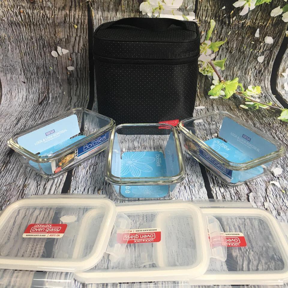 Bộ Hộp Cơm Thủy Tinh Hình Chữ Nhật Lock&Lock Glasss LLG426S4 Gồm 2 Hộp Thủy Tinh HCN LLG424 1 Hộp Thủy Tinh HCN LLG426 Và Túi Màu Đen Có Tay Xách