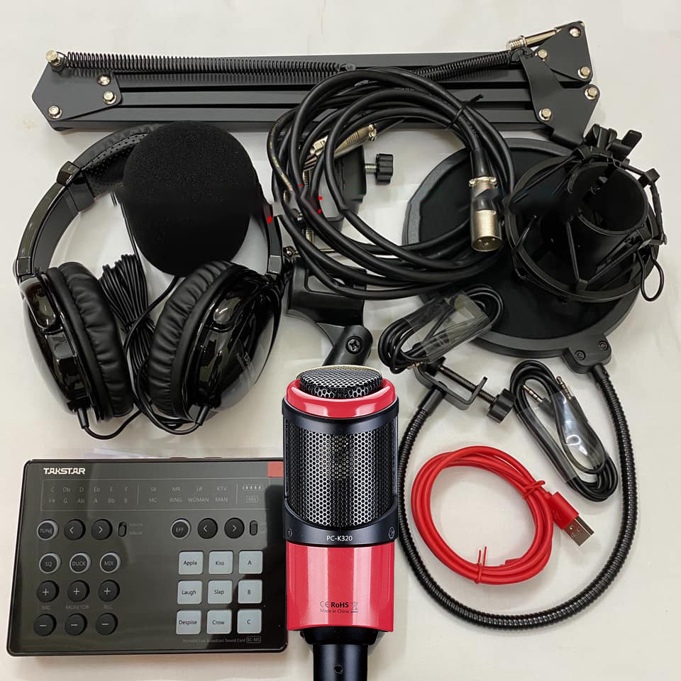 Combo trọn bộ sound card Takstar SC-M1 và Micro Takstar PC-K320 thu âm live stream, karaoke cực hay, kẹp bàn màng lọc, tai nghe kiểm âm - Hàng chính hãng