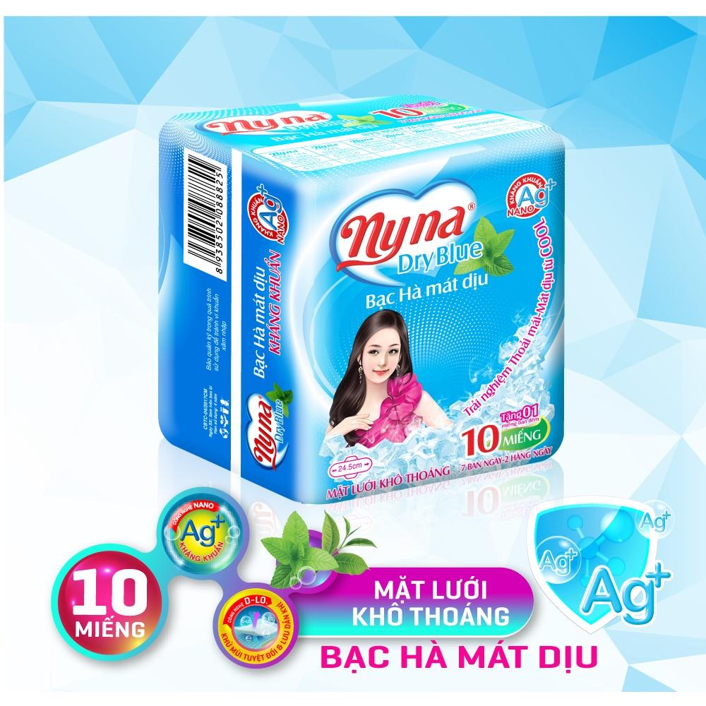 Băng Vệ Sinh NYNA Dryblue 10 Miếng mẫu xanh. Băng Vệ Sinh ban ngày có cánh . BVS kháng khuẩn. Băng vệ sinh phụ nữ mặt lưới 3D khô thoáng, chống tràn. Băng vệ sinh bạc hà cool mát dịu. BVS Nyna chính hãng-1 lố Gồm 8 Gói