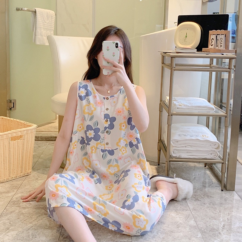 Váy đầm ngủ nữ mặc nhà, áo ngủ ba lỗ chất liệu Cotton lụa tự nhiên thoáng mát mã VAV0392 - M02 Be hoa
