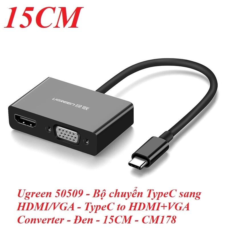 Ugreen UG50509CM178TK 15CM màu Đen Bộ chuyển đổi TYPE C sang HDMI + VGA vỏ bọc nhựa ABS - HÀNG CHÍNH HÃNG