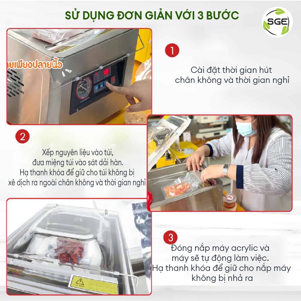 Máy hút chân không công nghiệp kiểu buồng VCC02. Hút bao nhanh, khỏe với buồng hút lớn, dễ sử dụng, tiết kiệm điện. Hàng nhập khẩu chính hãng SGE Thailand