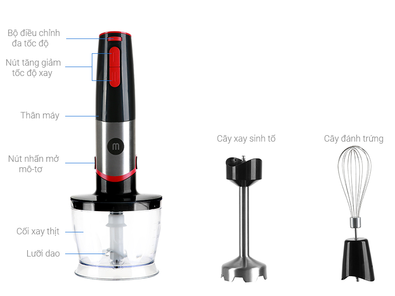 Bộ máy xay cầm tay Mishio MK185 kèm phụ kiện cối xay và đầu đánh trứng - Hàng chính hãng