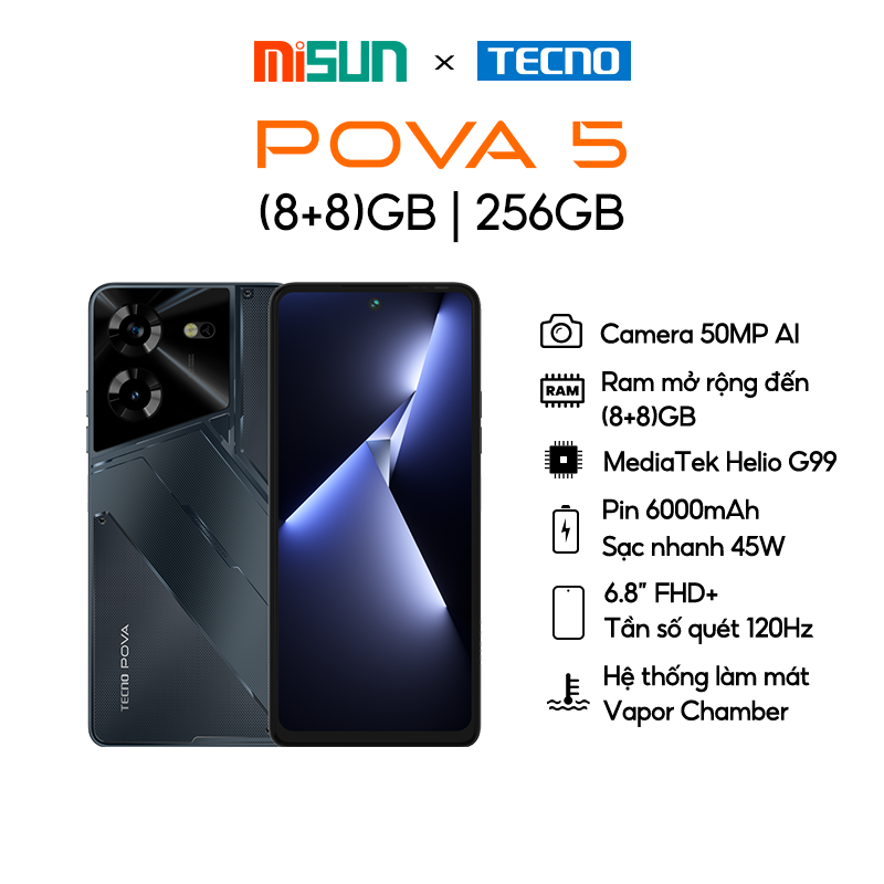 Điện thoại Tecno POVA 5 (8+8)/256GB - MediaTek G99 - Sạc nhanh 45W | Tần số quét 120HZ - Hàng Chính Hãng