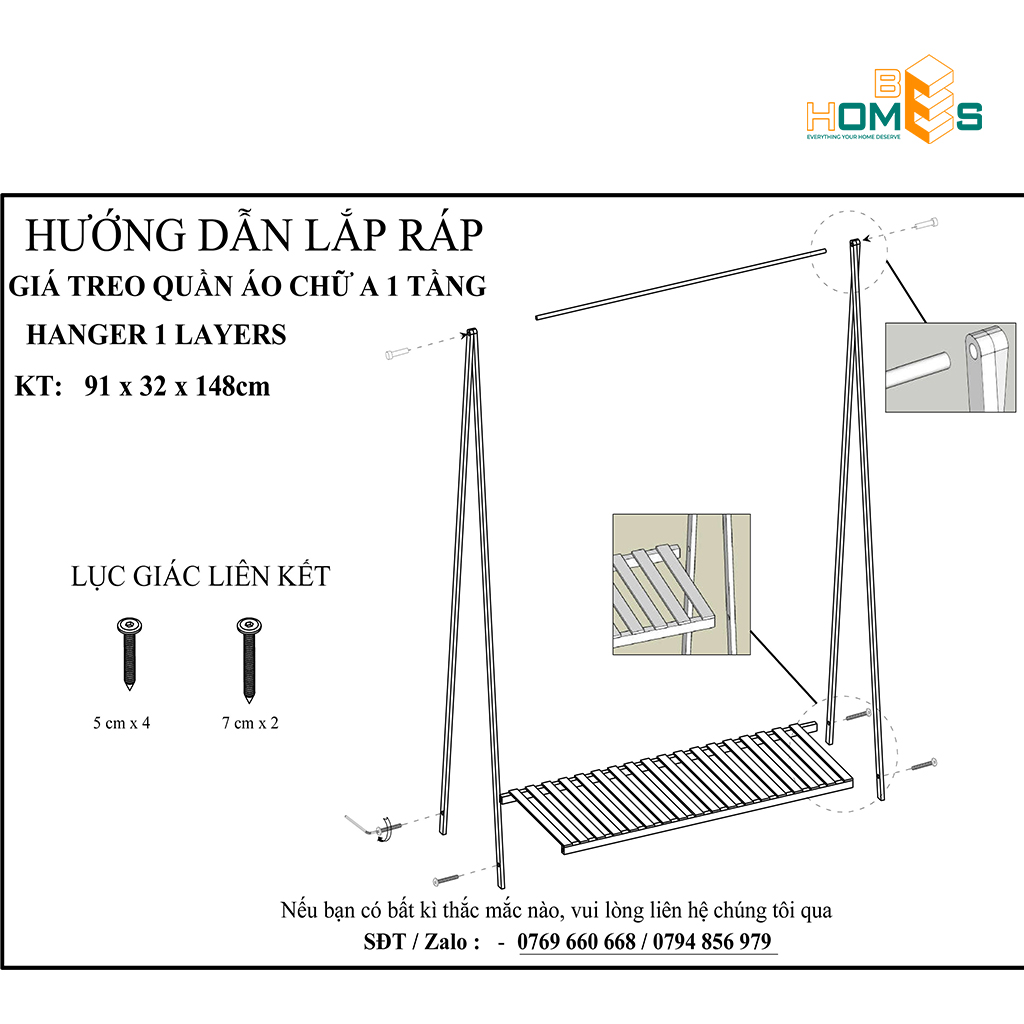 Giá treo quần áo gỗ chữ A 1 tầng