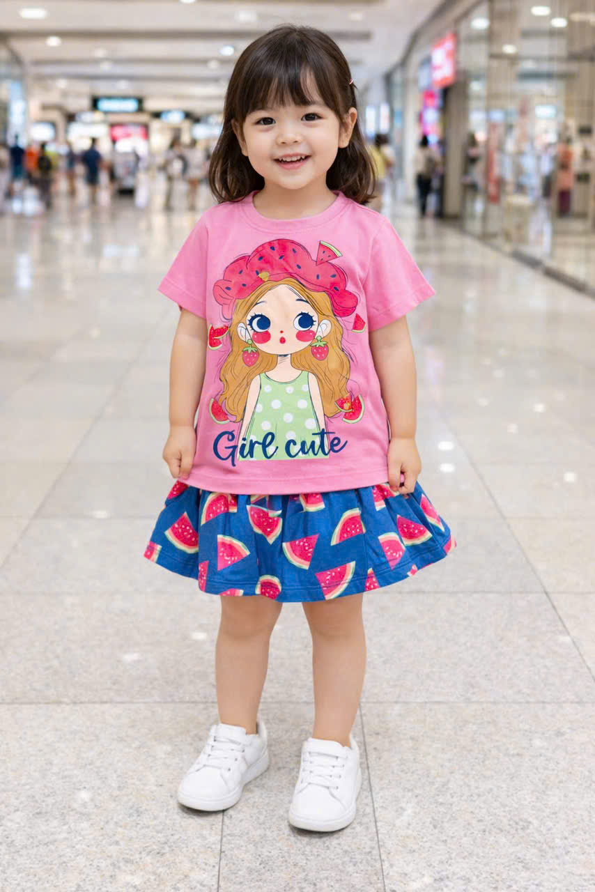 Đồ bộ bé gái, Bộ quần giả váy cho bé gái labubu gấu dâu capybara kuromi từ 10-38kg chất cotton hàng xuất mềm mịn mát