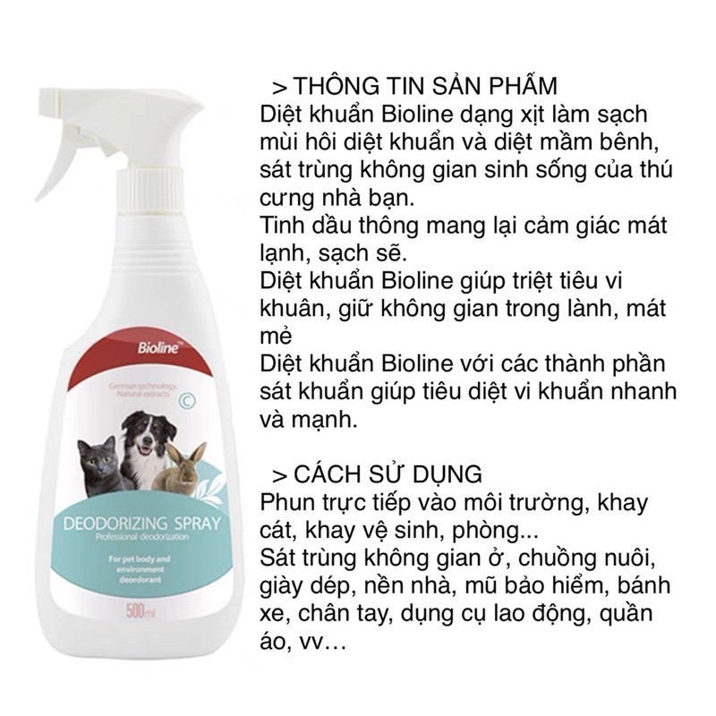 Xịt khử mùi Bioline phân nước tiểu chó mèo giảm mùi hôi chất thải chai 500ml - Bivido