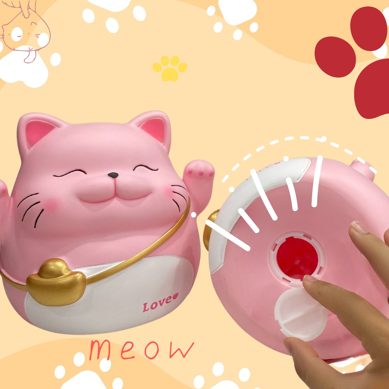 Ống Tiết Kiệm Heo Đất Mèo Đeo Túi Vàng May Mắn Meow Meoww Dễ Thương_ArtHouse