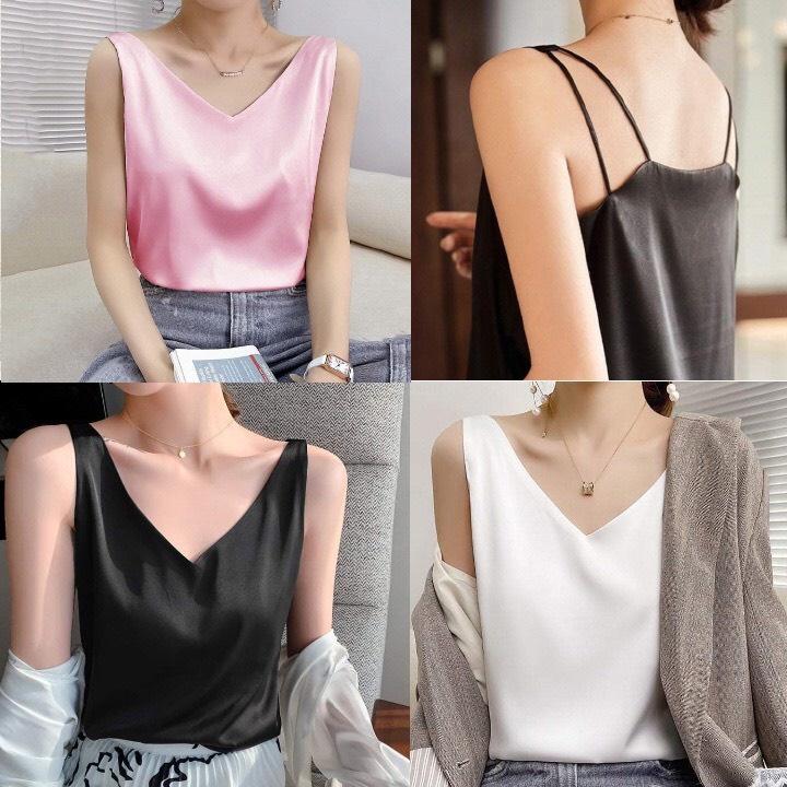 Áo hai dây nữ cổ tim mặc trong áo vest dễ thương, chất vải lụa satin Hàn Quốc cao cấp thoáng mát, sang trọng - LARI