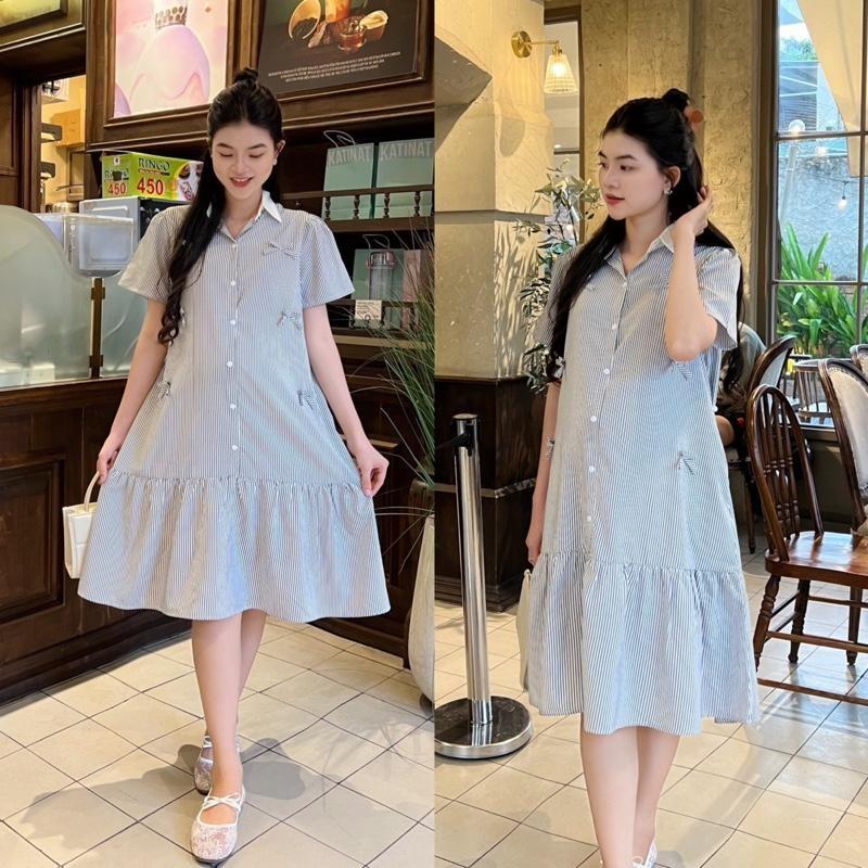 Đầm bầu công sở vải sọc cotton hàn cổ sơ mi đính nhiều nơ xinh Váy Bầu Dễ Thương - Xanh nhạt