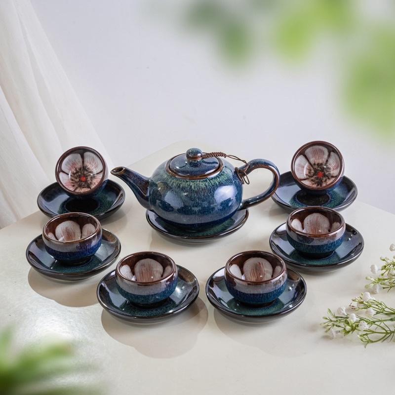 Bộ ấm chén lòng hoa, men hỏa biến. Gốm sứ Bát Tràng.