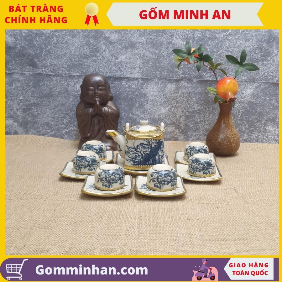Bộ ấm trà giả cổ Gốm sứ Bát Tràng dáng ấm vuông bọc đồng vẽ hoa sen- Gốm Minh An- Ấm trà đẹp