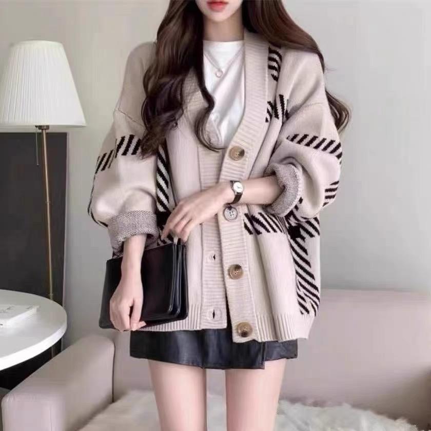 MS777 Áo khoác len cardigan kẻ Hàn Quốc thu đông