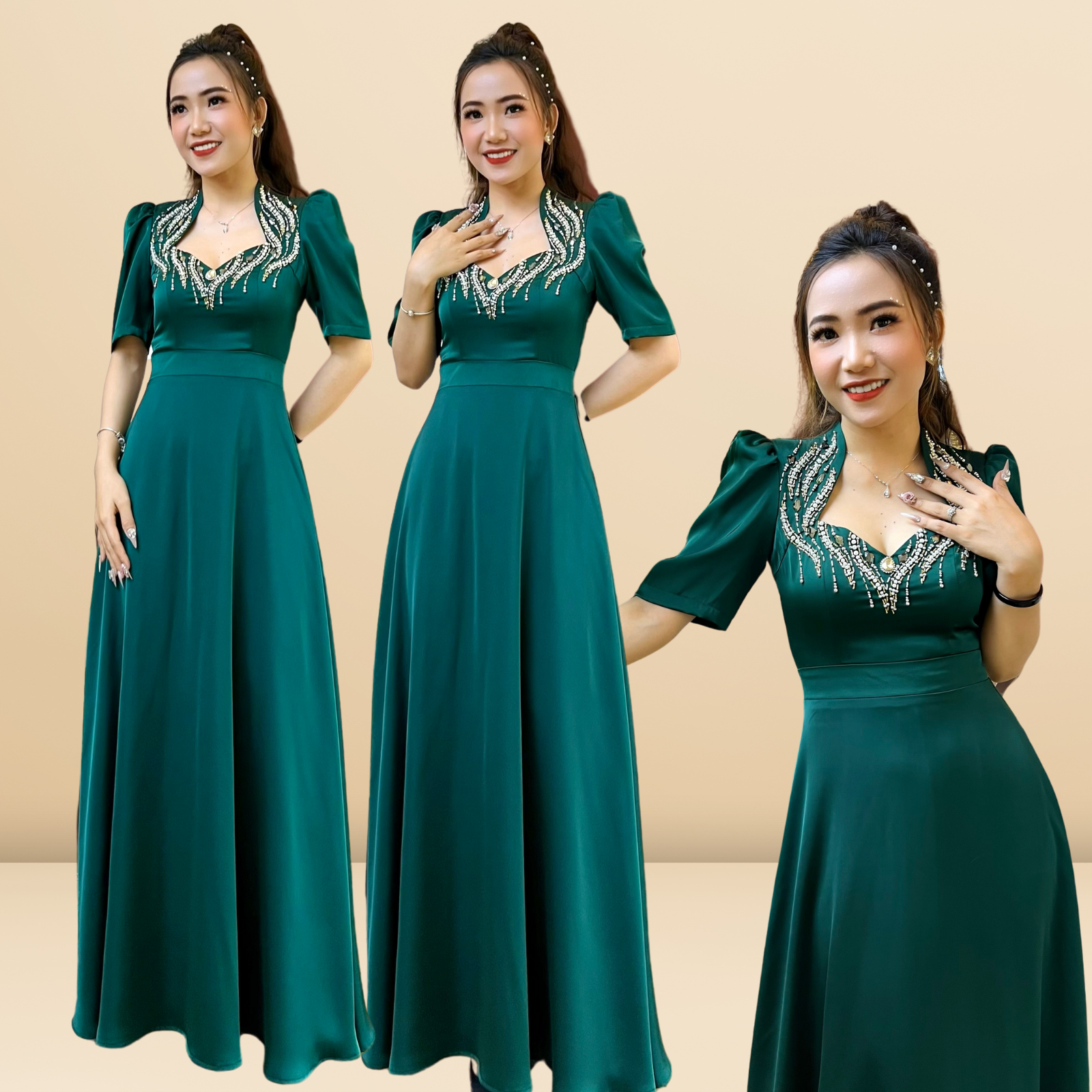 Đầm dạ hội nữ lụa đính đá đi tiệc kết hoa cao cấp Rosaleen Dress Quỳnh Anh Luxury