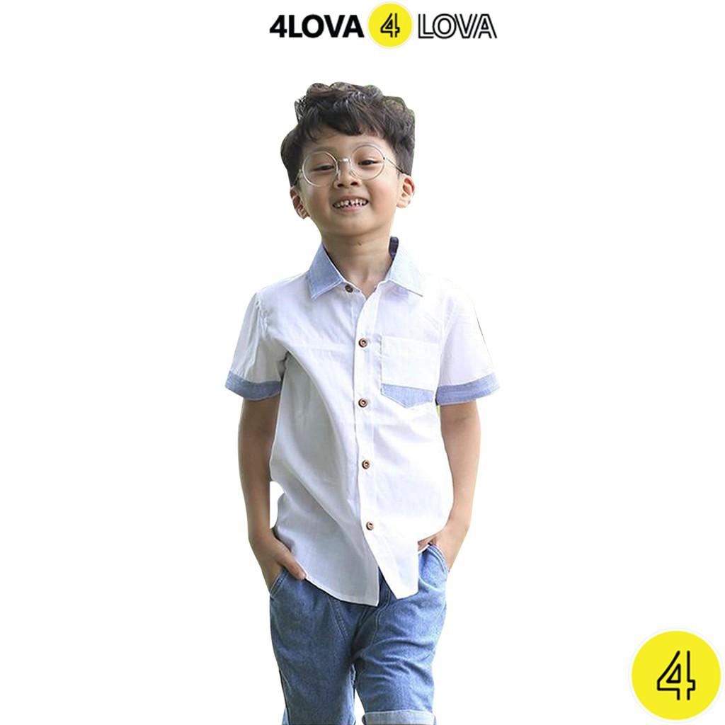 Hình ảnh Áo sơ mi cộc tay bé trai 4LOVA phối màu xanh trắng cho bé mặc đi học, đi chơi