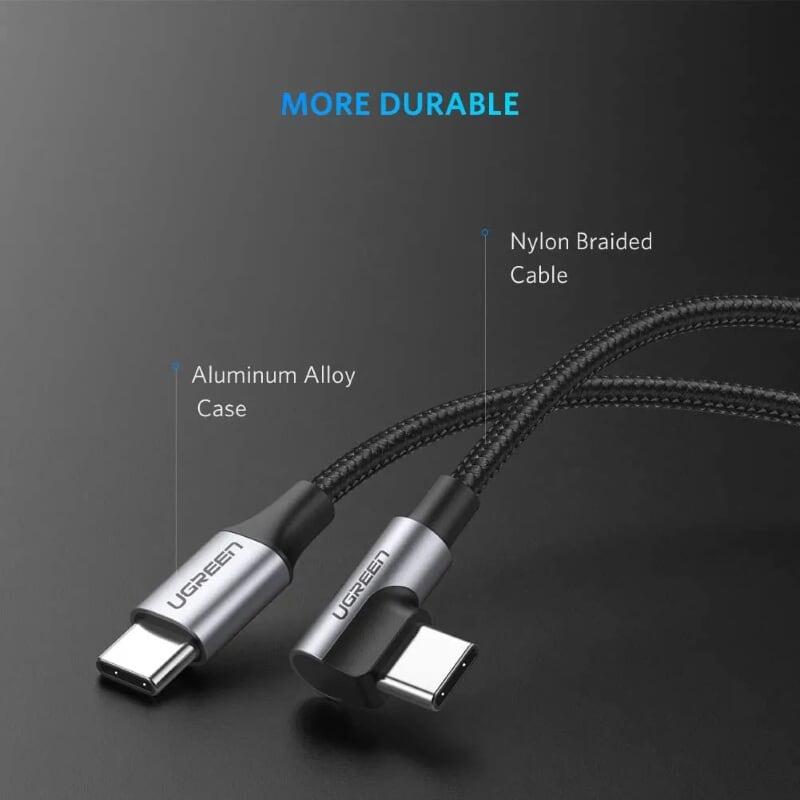 Ugreen 50123 1m cáp USB 2 đầu type C vuông góc 60W PD mạ nhôm nâu đen Ugreen US255 - Hàng Chính Hãng