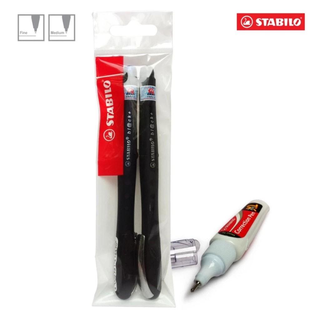 Bộ 2 cây bút bi STABILO Black BLK M/F (Xanh biển, Đen, Đỏ, Xanh lá, Tím) + bút xoá Correction Pen CPS88