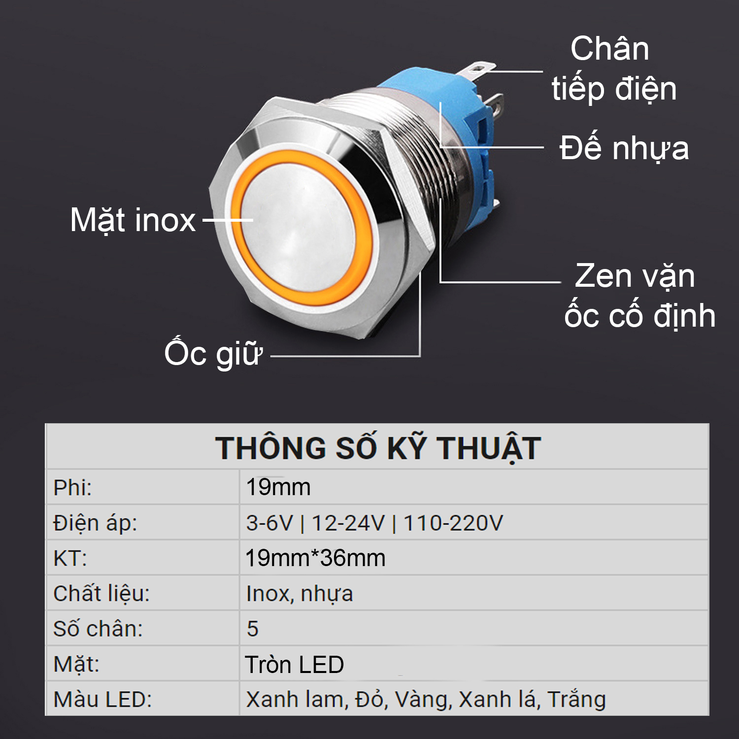 Công tắc Self-Lock 19mm, Nút nhấn tự khóa có đèn LED (3-6V 12-24V 110-220V), Vỏ Inox chống nước, Chịu nhiệt