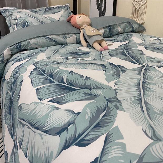 Bộ chăn ga gối Cotton poly M2T bedding, vỏ chăn (mền), drap ga giường và 2 vỏ gối - Pl Lá chuối