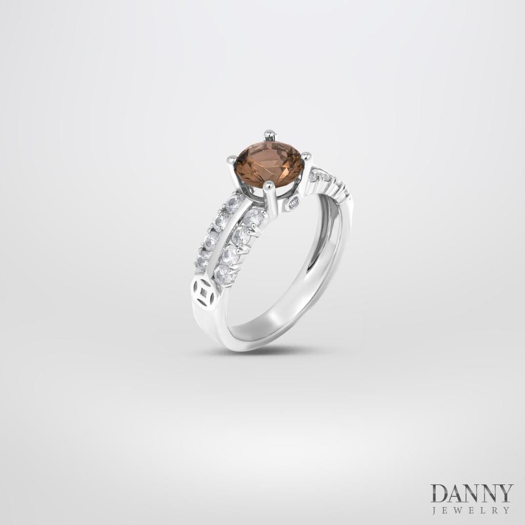 Nhẫn Danny Jewelry Bạc 925 Xi Rhodium Đá Smoky Quartz Viền CZ N0105