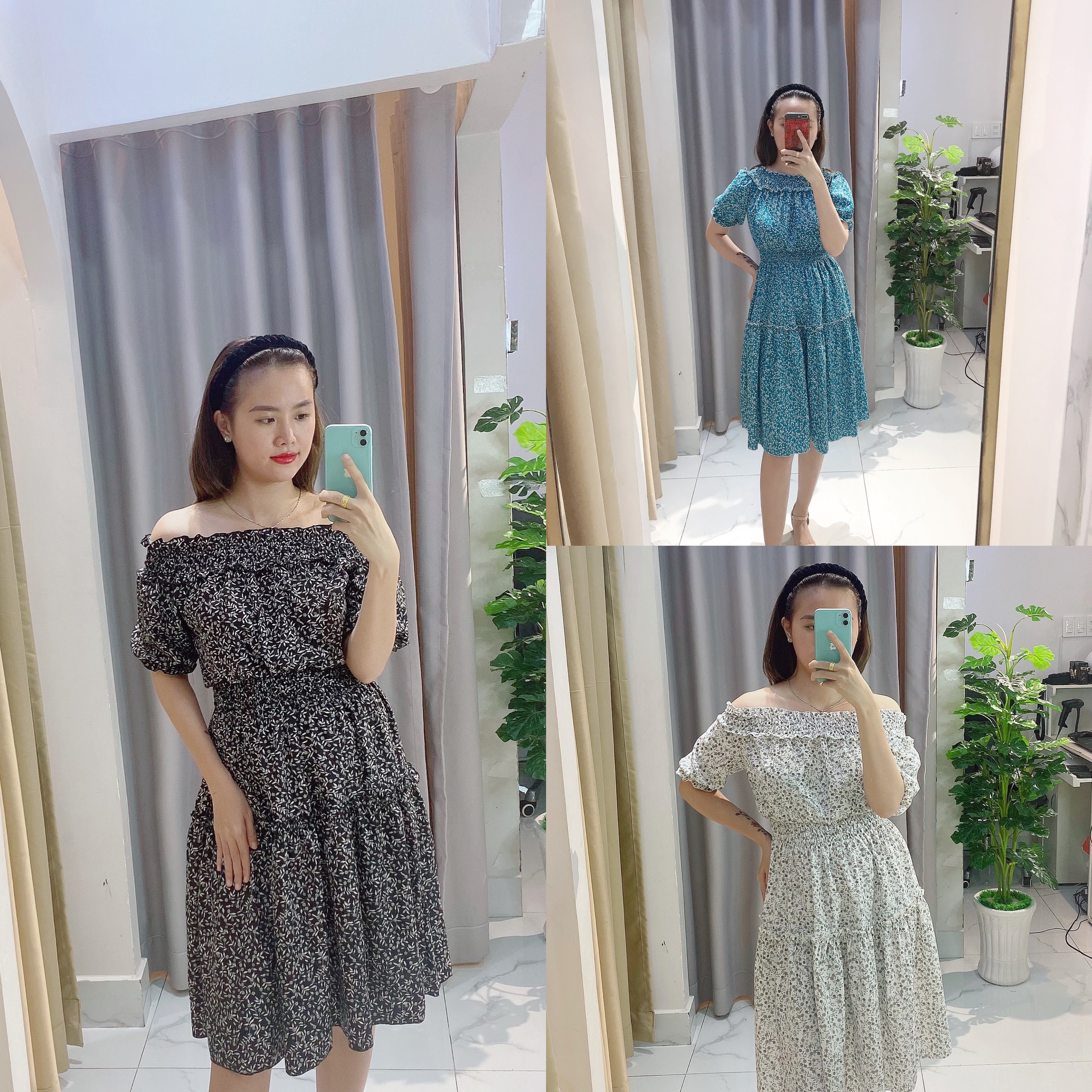Váy nữ thời trang trễ vai tiểu thư, kiểu bẹt vai nhúng eo,bộ váy đầm dài công chúa chất bao mát không nhăn, V004