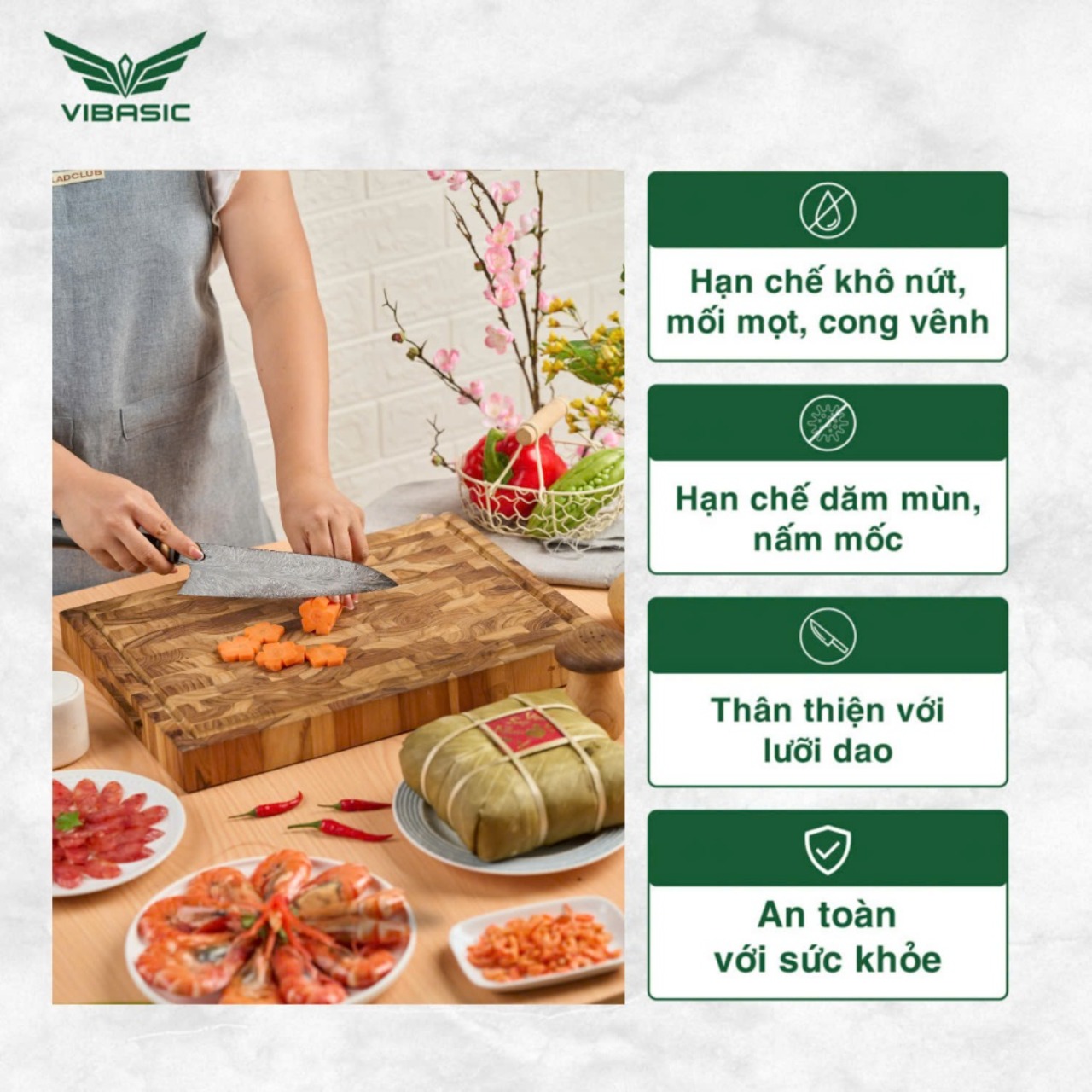 Thớt gỗ Teak Vibasic ghép dựng block kích thước 400x300x38mm, dùng để chặt - Hàng chính hãng Bộ Quốc Phòng