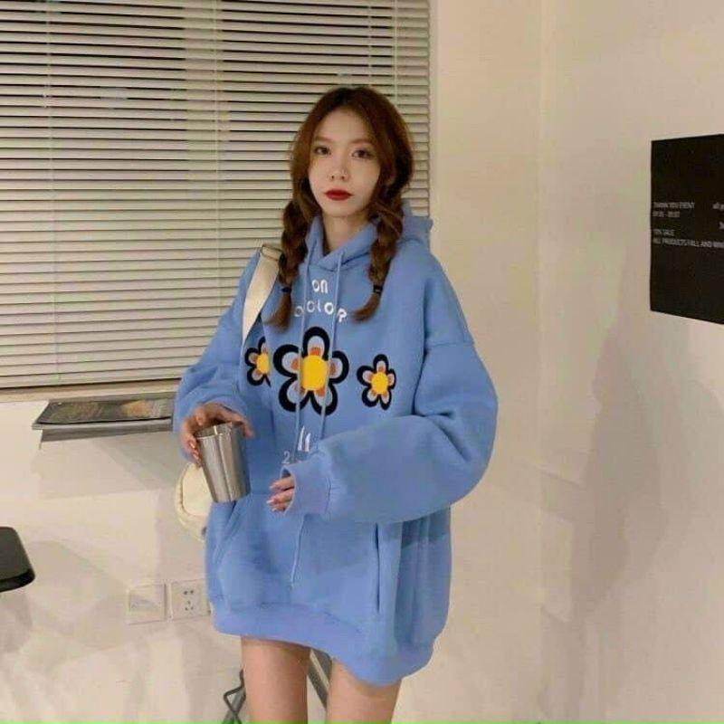 Áo hoodie nữ chất nỉ ngoại cao cấp form rộng nón to 2 lớp trùm đầu in logo hoa dập nỗi cực đẹp