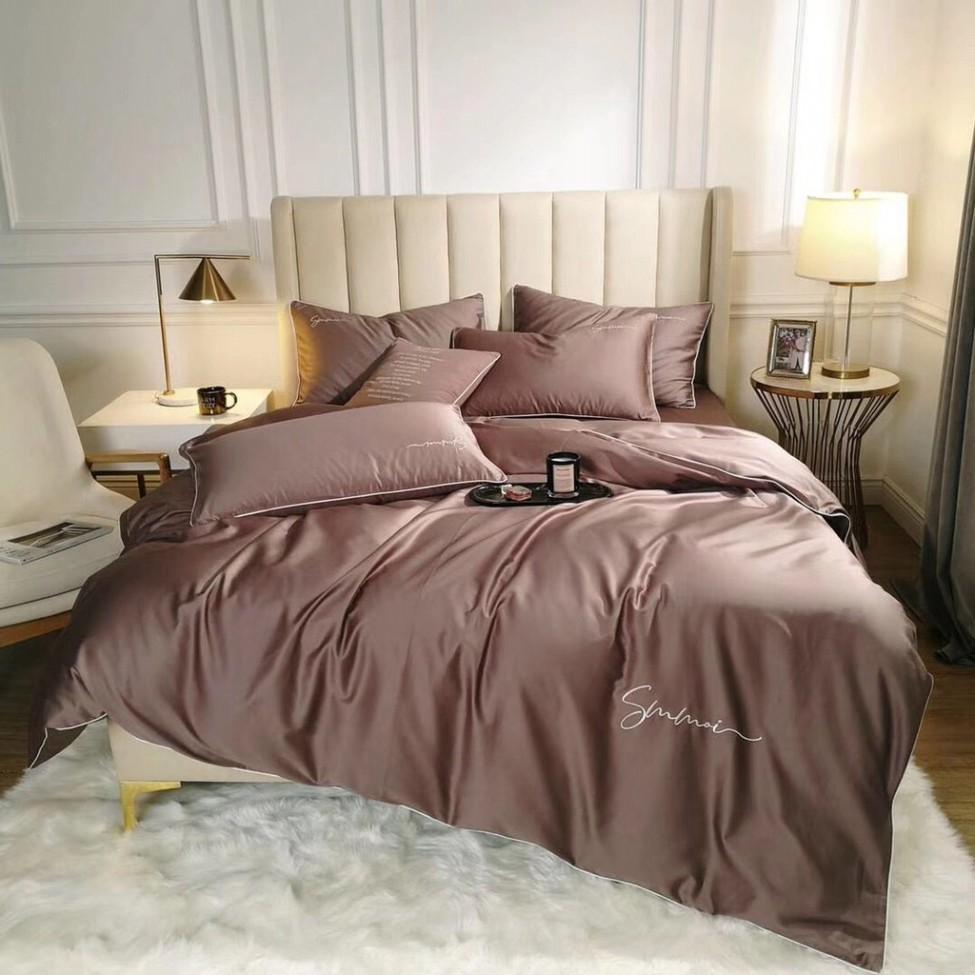 Trọn Bộ Chăn Ga Gối 5 món Lụa Telcel 40s Cao Cấp Sumoi - Thương hiệu LAN PHAM BEDDING - Màu Nâu