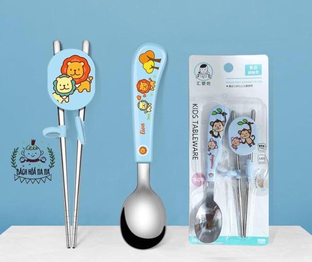 Bộ Thìa/ Muỗng và Đũa Xỏ Ngón Cho bé tập ăn Inox 304 Cao cấp chống rỉ Hình đáng yêu - Nana Shop MOMYBABY