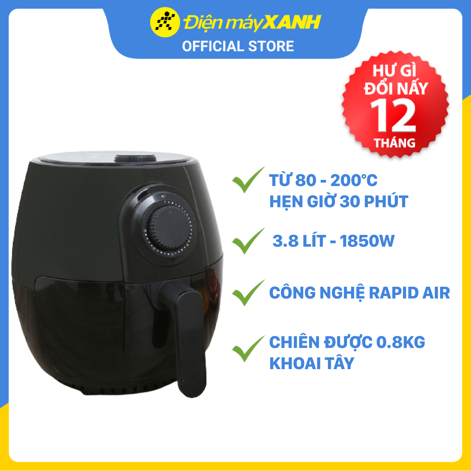 Nồi chiên không dầu Mishio MK-01 3.8 lít - Hàng Chính Hãng