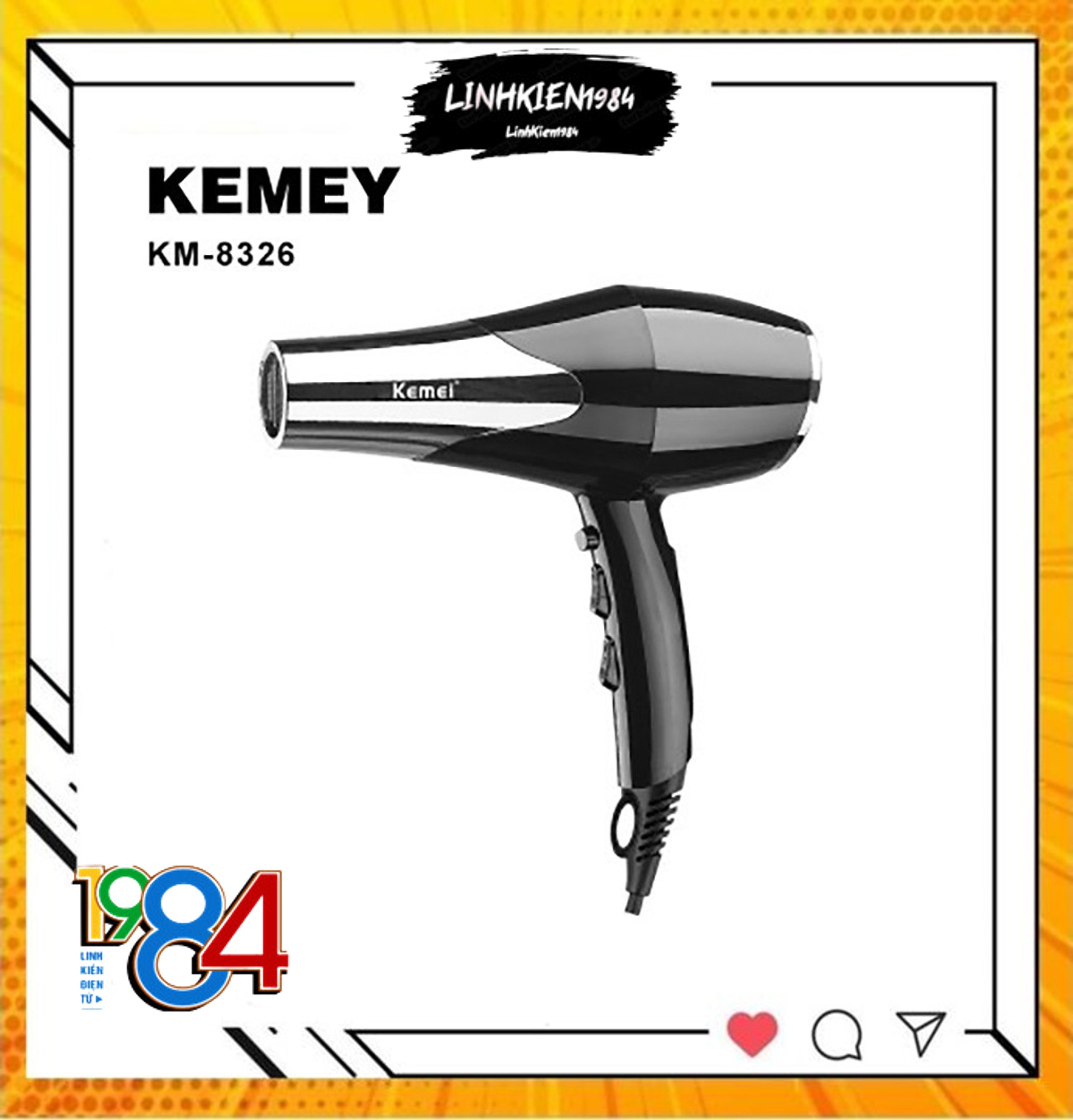 Máy sấy tóc nóng lạnh KEMEY KM 8326 - Công suất 3000W