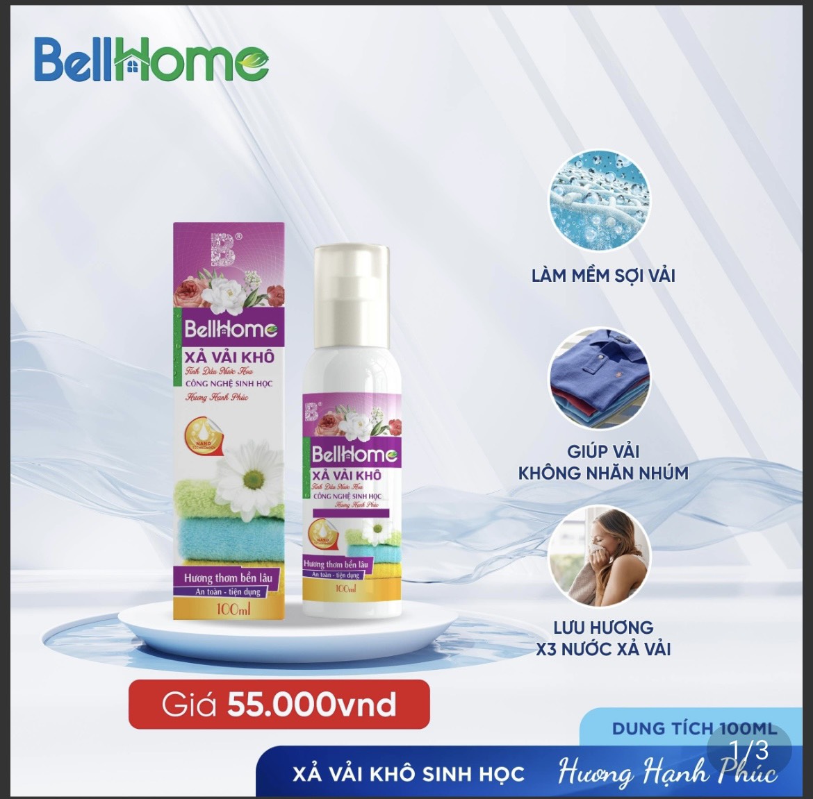 Xả Vải Khô Công Nghệ Sinh Học Bell Home Tím Hương Hạnh Phúc 100ml