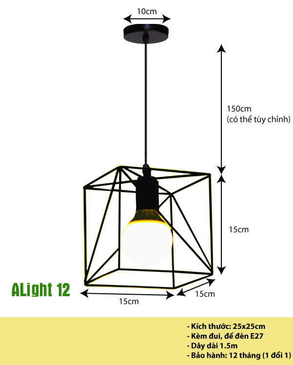Đèn thả trần hình khối vuông + KÈM BÓNG 4W, đèn trang trí sắt mỹ thuật, đèn Decor quán cà phê, quán trà sữa