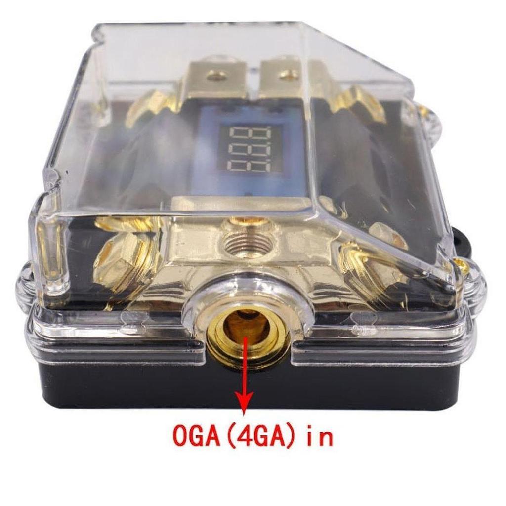 Cầu chì ANL 100A chia nguồn ô tô 1 ra 2  tự ngắt có bảng hiển thị điện áp Led mạ vàng 24K cao cấp