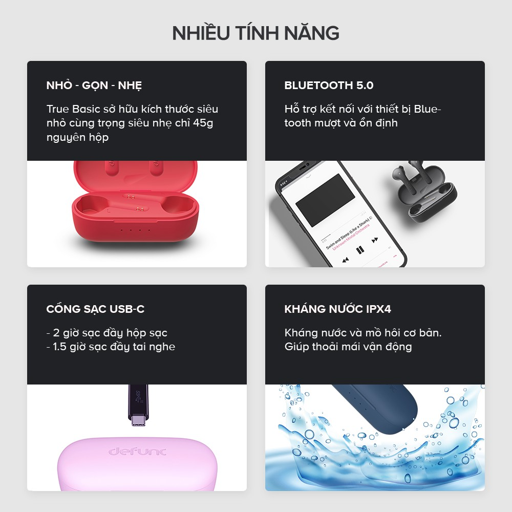 Tai Nghe True Wireless Defunc True Basic, Bluetooth 5.0, Cảm Ứng, Kháng Nước IPX4, Nghe Đến 12H - Hàng Chính Hãng