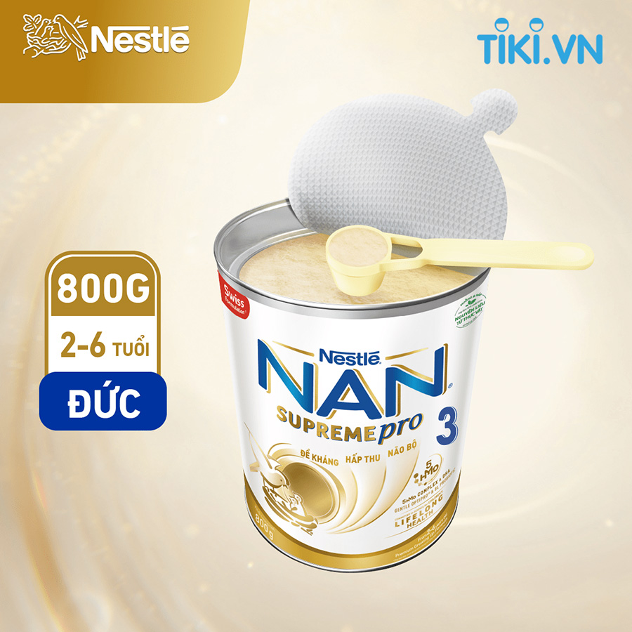 Sữa bột Nestlé NAN SupremePro 3 nhập khẩu từ Đức với 5HMO giúp tăng đề kháng, đạm Gentle Optipro giúp dễ hấp thu & ngừa nguy cơ dị ứng